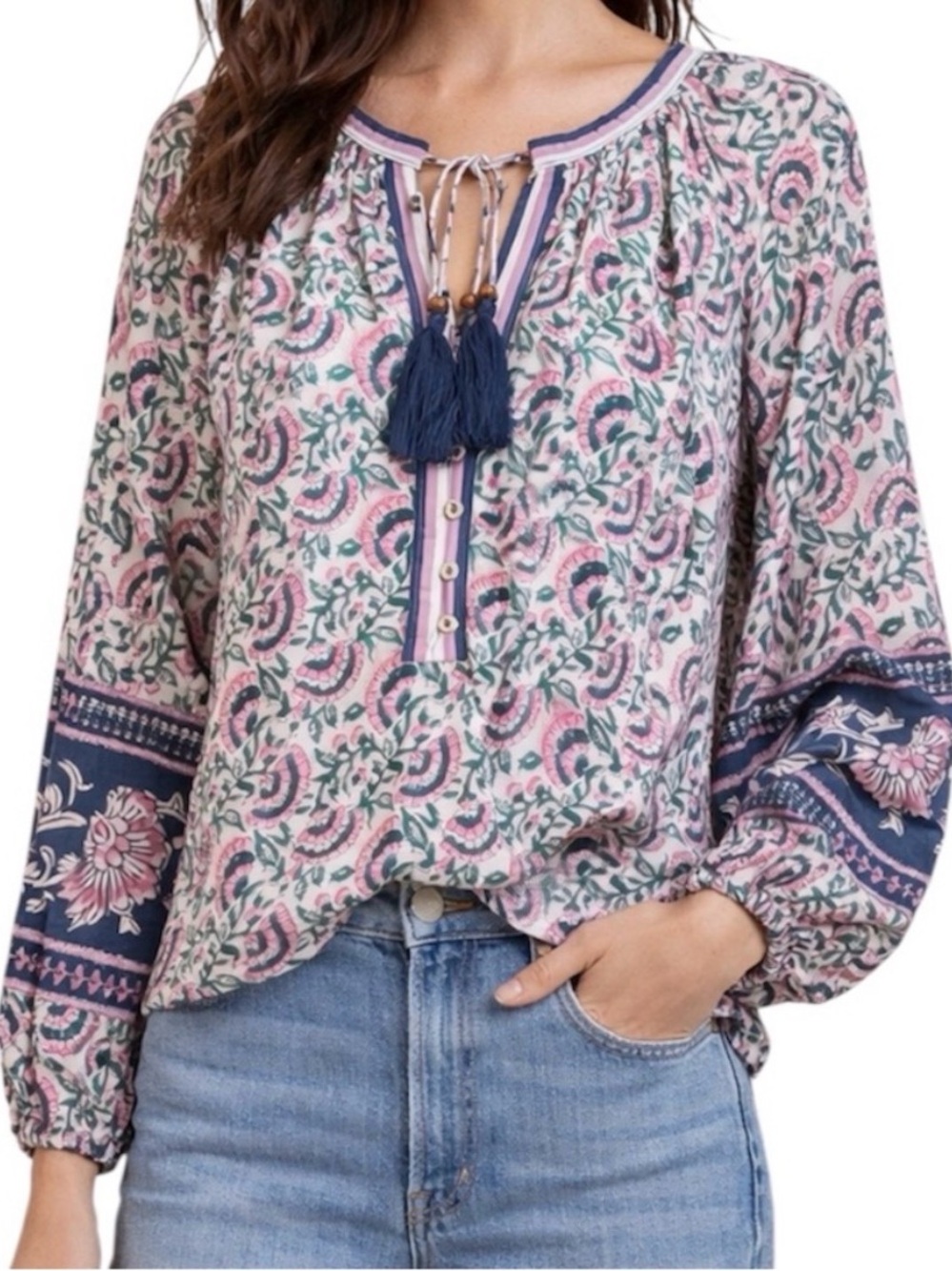 NATURAL LIFE Boho Floral Tassel Peasant Blouse size XL festival summer spring